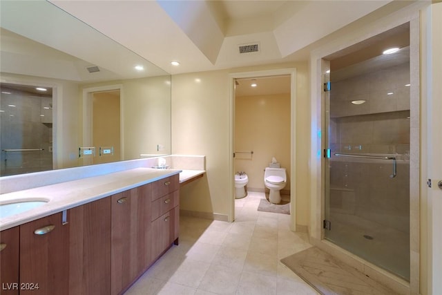 bathroom with vanity, a shower with door, a bidet, tile patterned flooring, and toilet