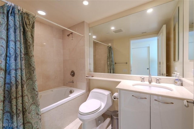 full bathroom with vanity, toilet, and shower / bathtub combination with curtain