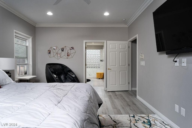 bedroom featuring crown molding, connected bathroom, ceiling fan, and light hardwood / wood-style flooring