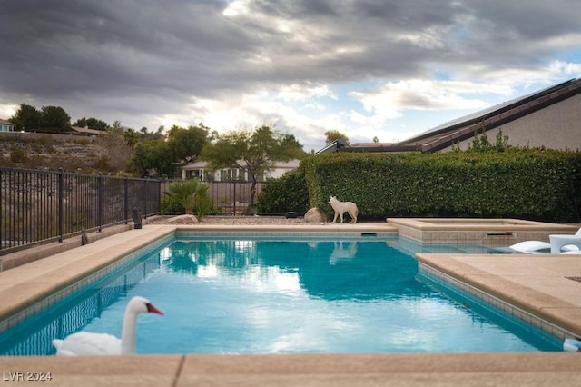 view of swimming pool featuring an in ground hot tub