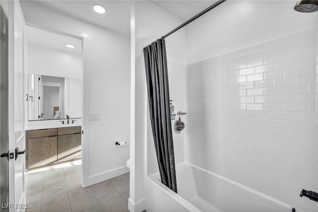 full bathroom with tile patterned flooring, vanity, shower / tub combo with curtain, and toilet