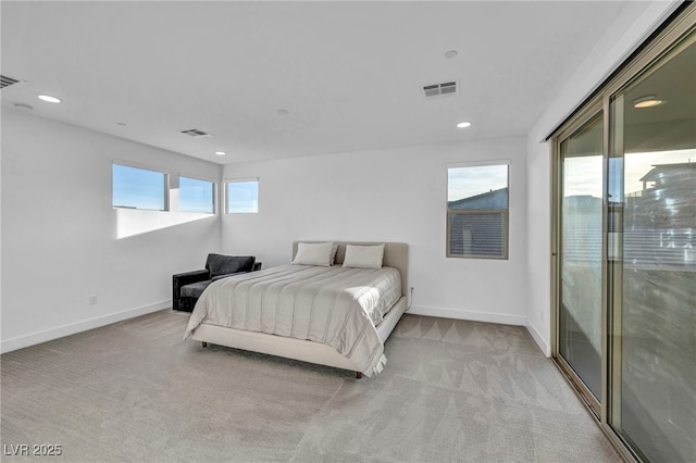 bedroom featuring light carpet, access to exterior, and multiple windows