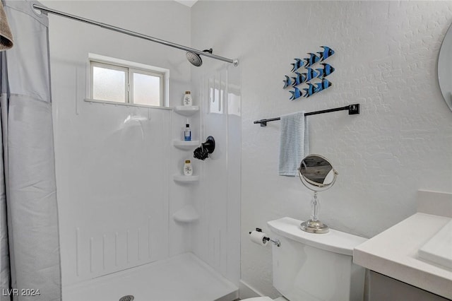 bathroom featuring vanity, a shower with shower curtain, and toilet