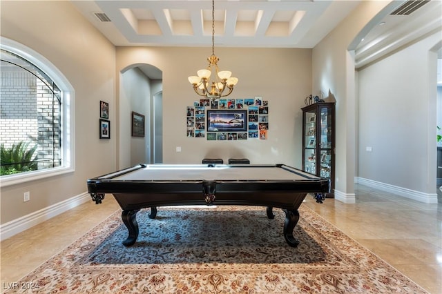 playroom featuring beamed ceiling, an inviting chandelier, coffered ceiling, and billiards