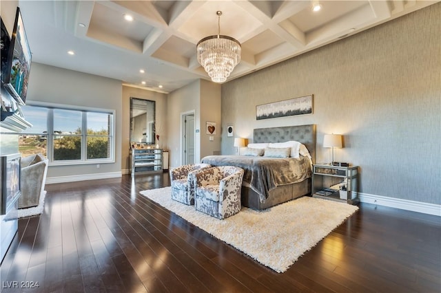 bedroom featuring beamed ceiling, a notable chandelier, dark wood-type flooring, and coffered ceiling