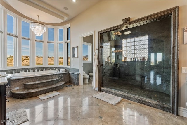 full bath with a bath, a notable chandelier, toilet, tile patterned flooring, and a stall shower