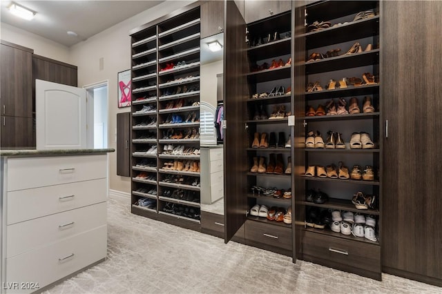 walk in closet featuring light colored carpet