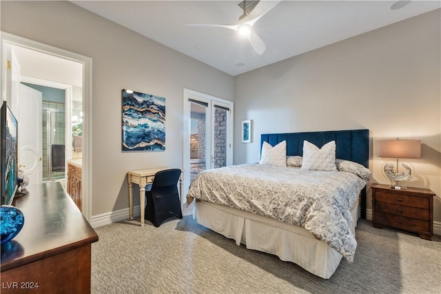 carpeted bedroom with access to exterior, connected bathroom, and ceiling fan