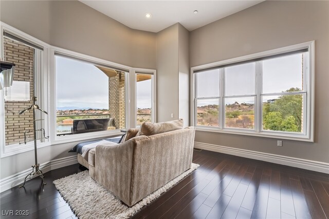 living area with dark wood-style flooring, baseboards, and recessed lighting