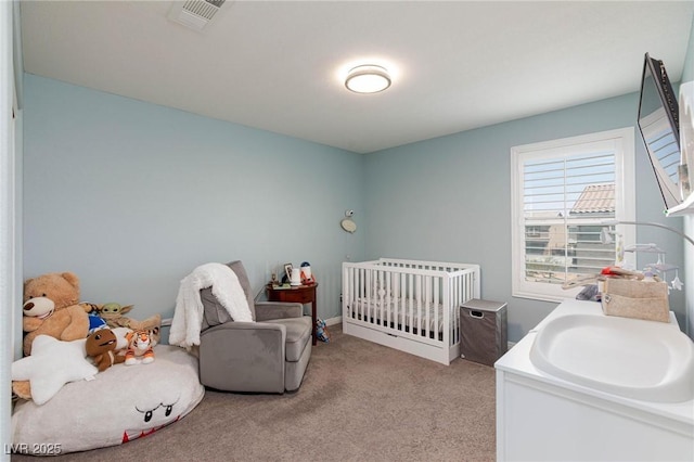 carpeted bedroom with a crib and sink