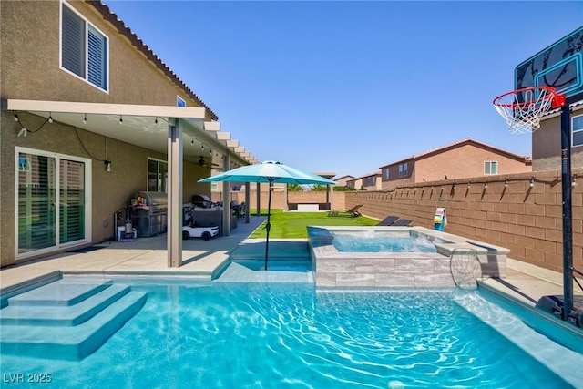 view of swimming pool featuring a lawn, an in ground hot tub, ceiling fan, a grill, and a patio