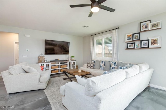 living room featuring ceiling fan