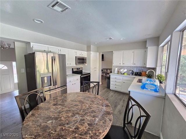 kitchen with a wealth of natural light, stainless steel appliances, white cabinets, and sink