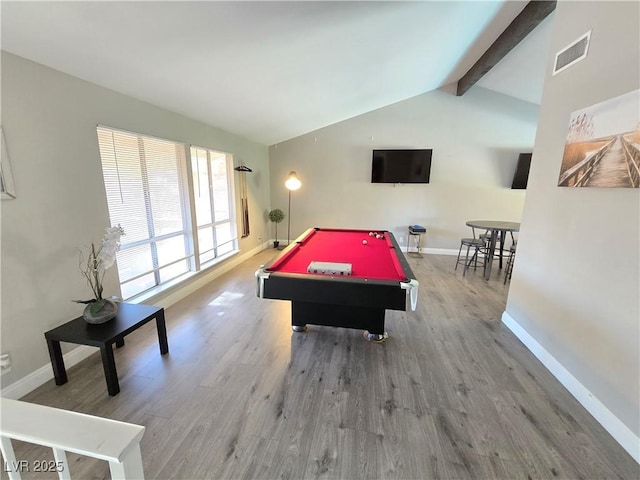 game room with hardwood / wood-style flooring, pool table, and vaulted ceiling with beams