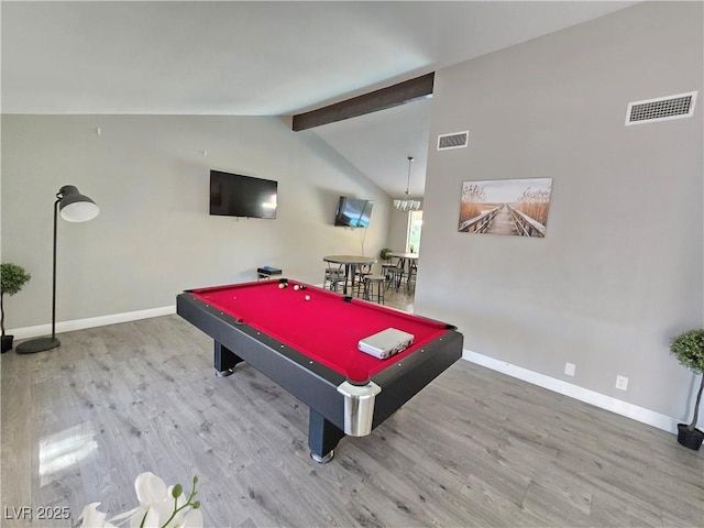 rec room featuring wood-type flooring, pool table, a chandelier, and vaulted ceiling with beams