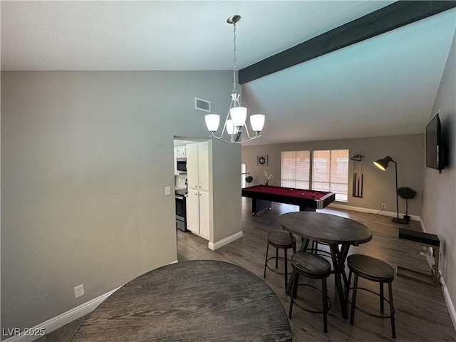 dining space featuring lofted ceiling with beams, dark wood-style floors, baseboards, visible vents, and pool table