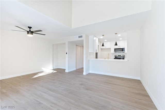 unfurnished living room featuring light hardwood / wood-style floors, ceiling fan, and sink