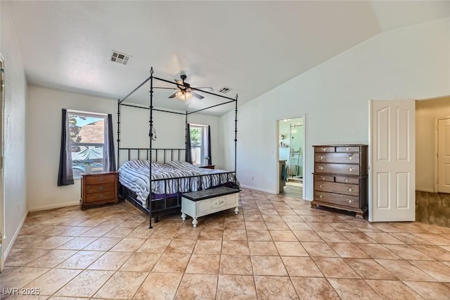 tiled bedroom with vaulted ceiling