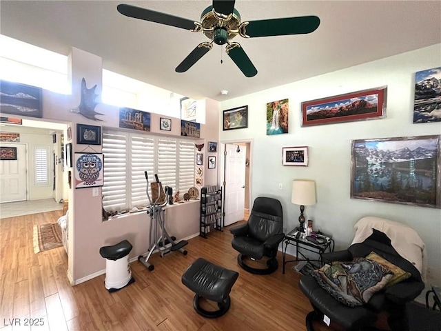 exercise room with ceiling fan and hardwood / wood-style floors