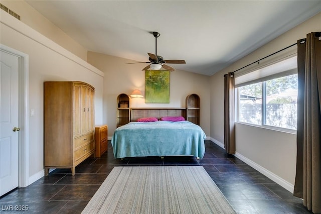 bedroom with ceiling fan and lofted ceiling