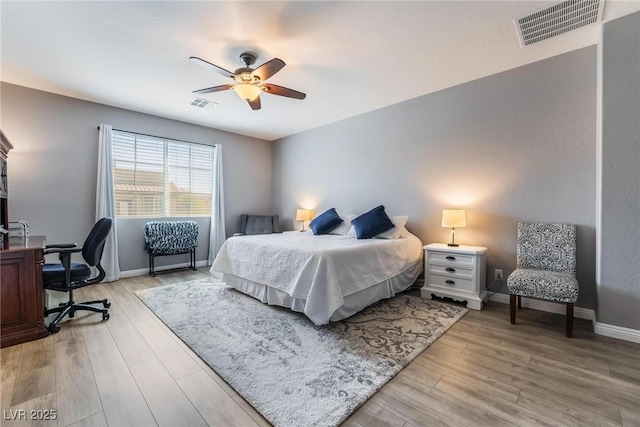 bedroom featuring ceiling fan and light hardwood / wood-style flooring