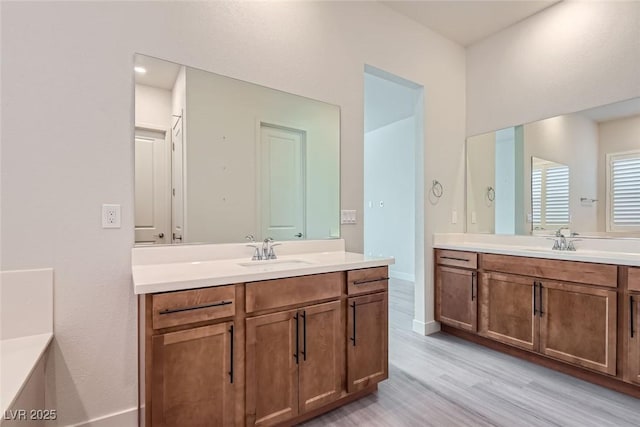 bathroom with vanity and wood-type flooring