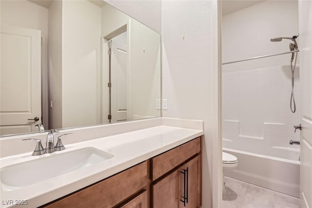 full bathroom with bathing tub / shower combination, vanity, and toilet