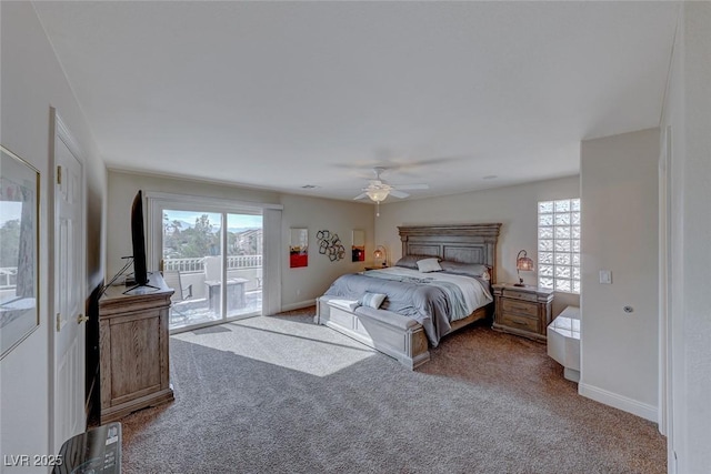 carpeted bedroom featuring access to outside, multiple windows, and ceiling fan