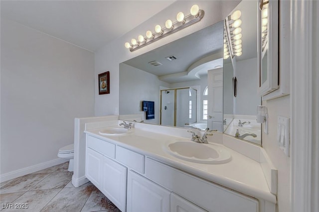 full bathroom with plus walk in shower, vanity, toilet, and tile patterned flooring