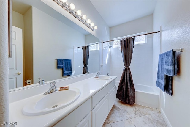 bathroom with shower / bath combo, vanity, and tile patterned floors