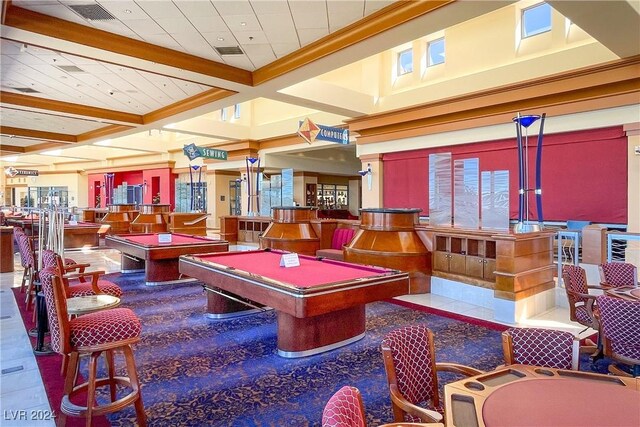 game room with beamed ceiling, coffered ceiling, and billiards