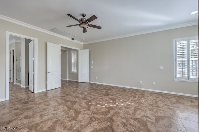 unfurnished room featuring ceiling fan and ornamental molding