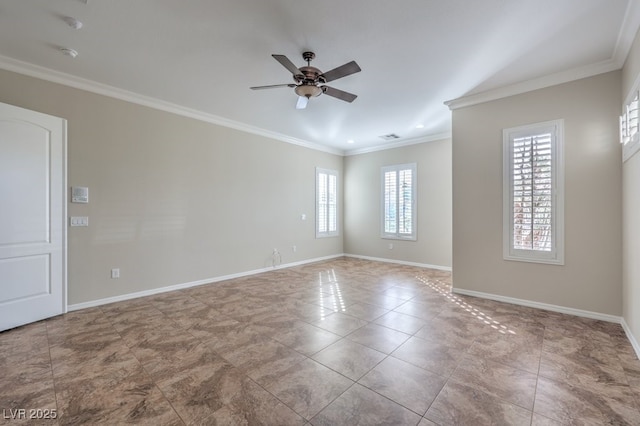 unfurnished room featuring ceiling fan and ornamental molding