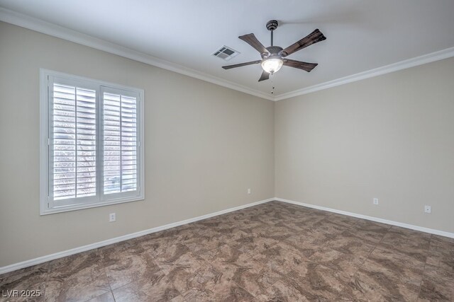 empty room with ceiling fan and crown molding