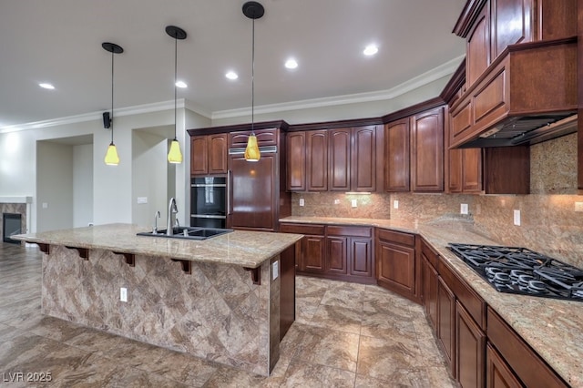 kitchen with black appliances, backsplash, crown molding, and hanging light fixtures