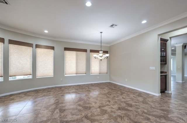 unfurnished room with ornamental molding and a notable chandelier