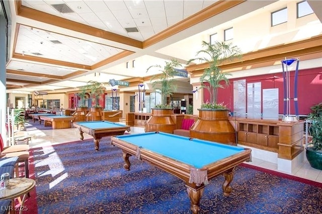 recreation room with beam ceiling, coffered ceiling, and pool table