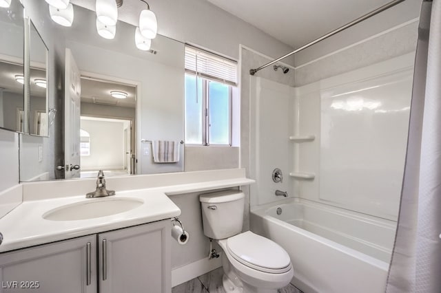 full bathroom with shower / bath combo, toilet, and vanity