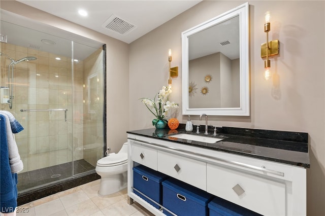 bathroom with tile patterned flooring, vanity, toilet, and a shower with shower door