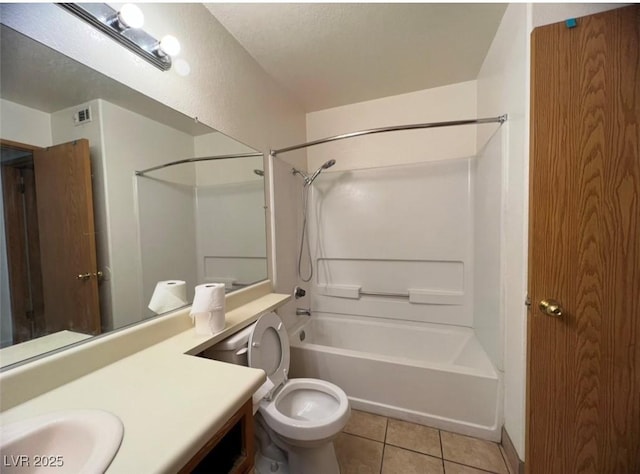 full bathroom featuring toilet, shower / tub combination, vanity, and tile patterned floors