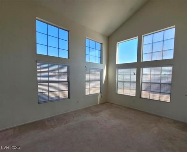 unfurnished room featuring carpet and high vaulted ceiling