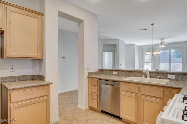 kitchen with sink, light brown cabinets, stainless steel dishwasher, pendant lighting, and ceiling fan with notable chandelier