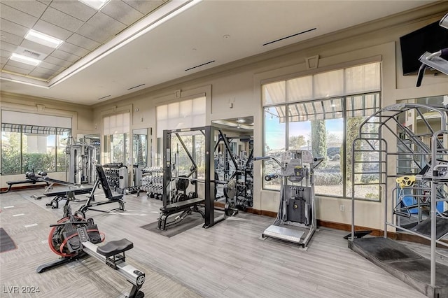 exercise room with hardwood / wood-style flooring and crown molding