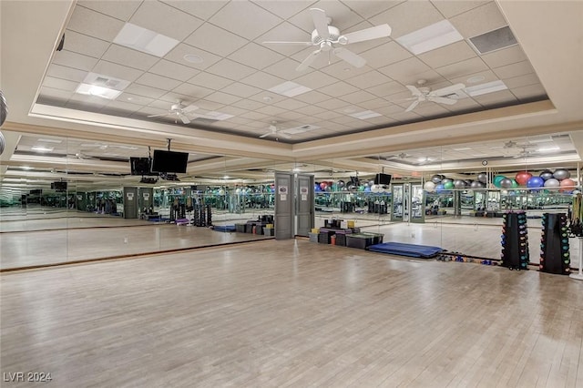 workout area with hardwood / wood-style floors, a drop ceiling, a raised ceiling, and ceiling fan