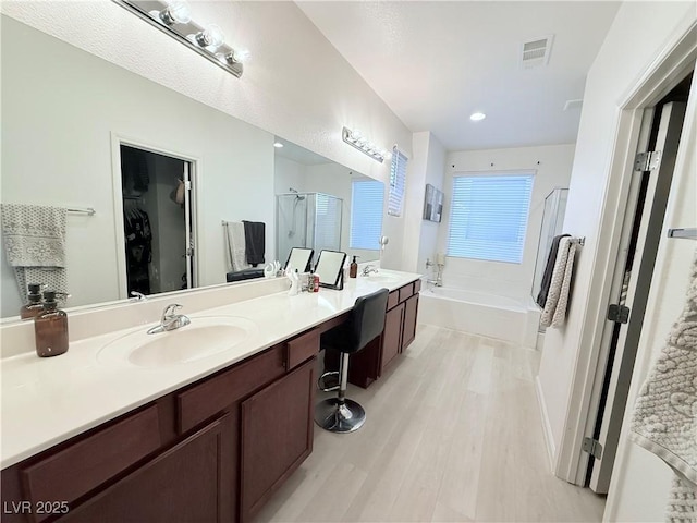 bathroom with separate shower and tub, vanity, and hardwood / wood-style floors