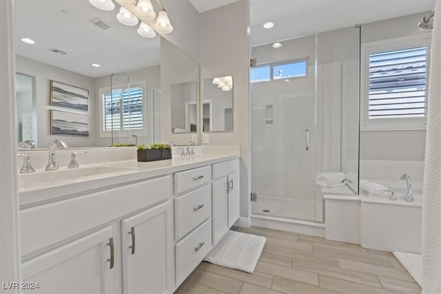 bathroom featuring vanity and separate shower and tub