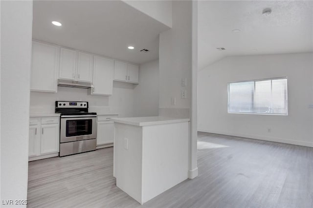 kitchen featuring light wood-type flooring, lofted ceiling, white cabinetry, and stainless steel range with electric cooktop