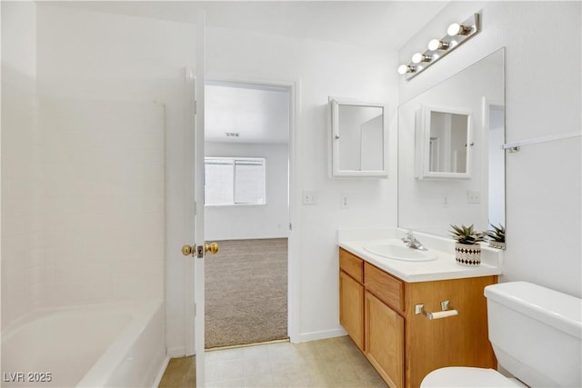 full bathroom featuring bathtub / shower combination, vanity, and toilet