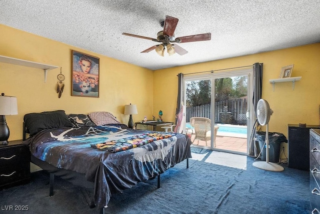 3609 Woodglen Ct, Las Vegas, NV 89108 - bedroom featuring access to outside, carpet floors, a textured ceiling, and ceiling fan