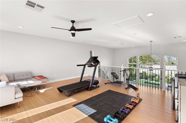 workout area with hardwood / wood-style floors and ceiling fan